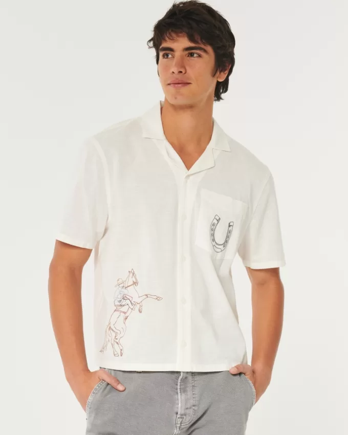 Boxy Cropped Embroidered Graphic Workwear Shirt,Boxy Cropped Embroidered Graphic Workwear Shirt