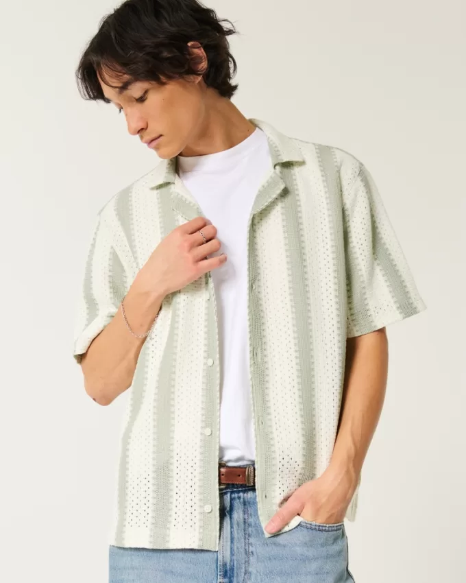 Boxy Short-Sleeve Crochet-Style Shirt,Boxy Short-Sleeve Crochet-Style Shirt