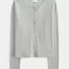 Cozy Ribbed Seamless Button-Through Crew Top,Cozy Ribbed Seamless Button-Through Crew Top