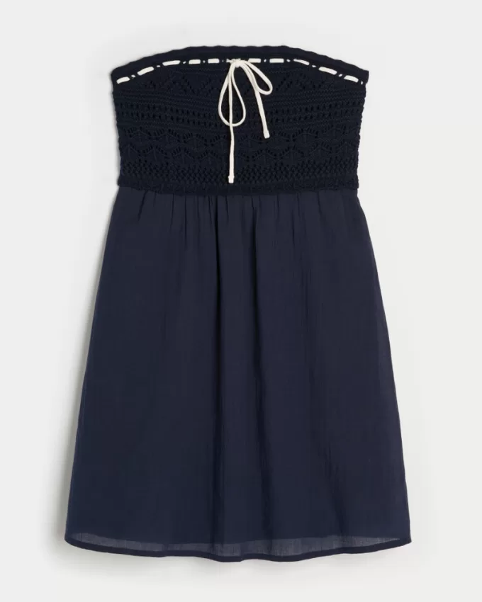 Crochet-Style Mix Strapless Mini Dress,Crochet-Style Mix Strapless Mini Dress