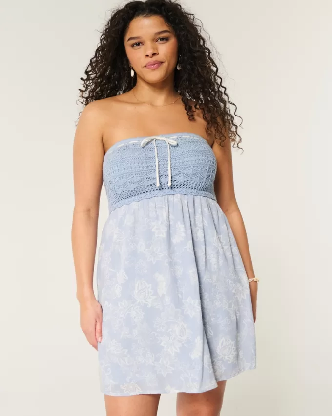 Crochet-Style Mix Strapless Mini Dress,Crochet-Style Mix Strapless Mini Dress
