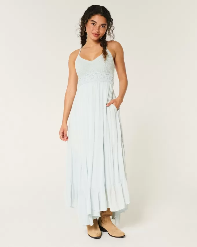 Crochet-Style Mix V-Neck Maxi Dress,Crochet-Style Mix V-Neck Maxi Dress Crochet-Style Mix V-Neck Maxi Dress,Crochet-Style Mix V-Neck Maxi Dress