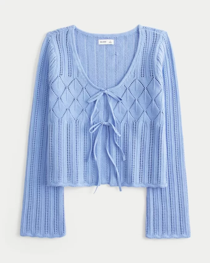 Crochet-Style Tie-Front Textured Sweater,Crochet-Style Tie-Front Textured Sweater