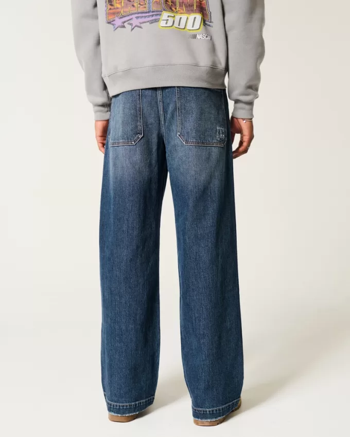 Dark Wash Logo Embroidery Super Baggy Jeans,Dark Wash Logo Embroidery Super Baggy Jeans