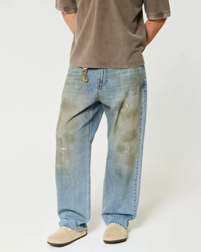 Distressed Greased Medium Wash Baggy Jeans,Distressed Greased Medium Wash Baggy Jeans