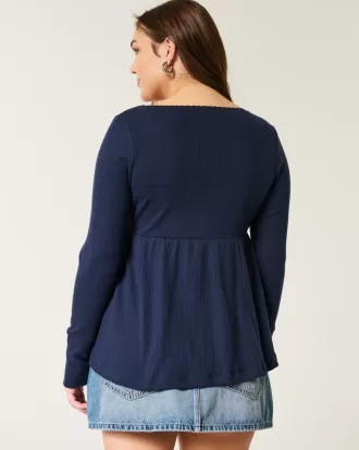 Easy Long-Sleeve Pointelle Babydoll Top,Easy Long-Sleeve Pointelle Babydoll Top