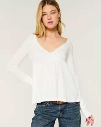 Easy Long-Sleeve Pointelle Babydoll Top,Easy Long-Sleeve Pointelle Babydoll Top