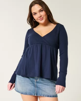 Easy Long-Sleeve Pointelle Babydoll Top,Easy Long-Sleeve Pointelle Babydoll Top