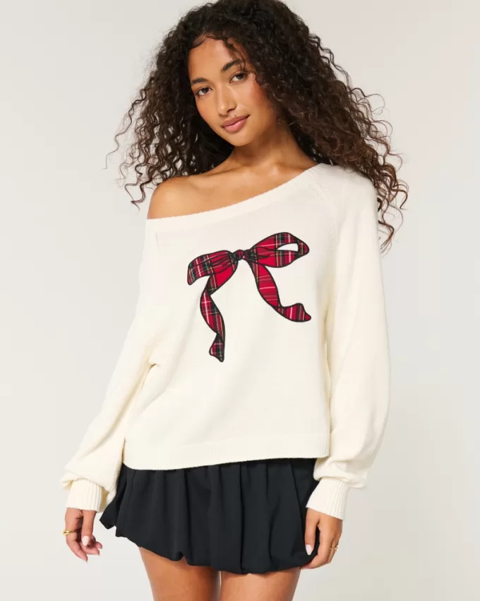 Easy Off-the-Shoulder Bow Graphic Sweater,Easy Off-the-Shoulder Bow Graphic Sweater Easy Off-the-Shoulder Bow Graphic Sweater,Easy Off-the-Shoulder Bow Graphic Sweater