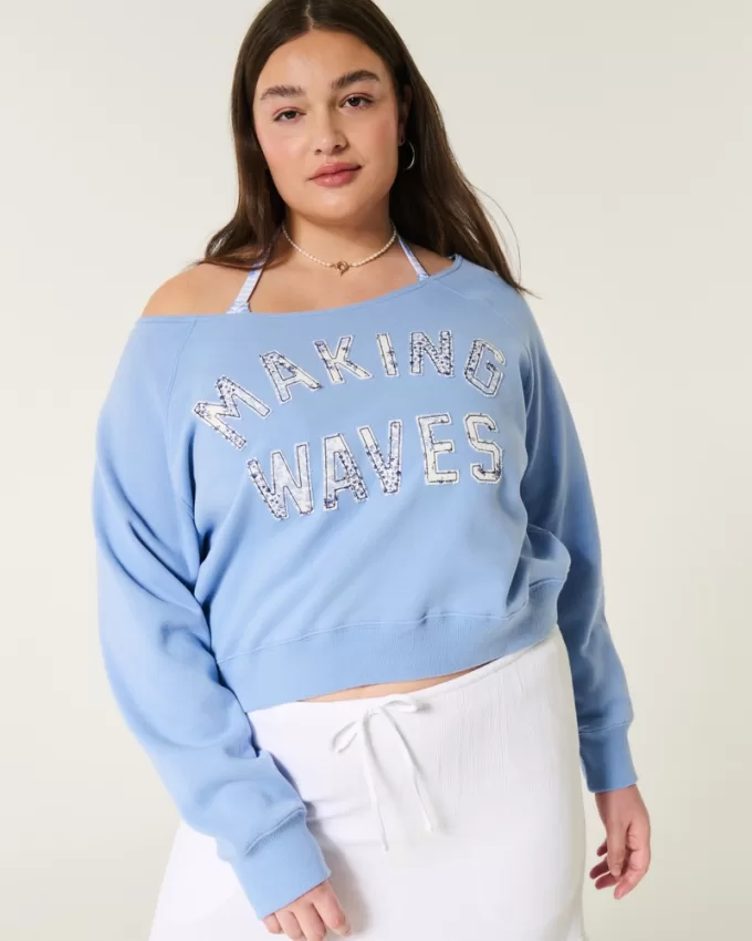 Easy Off-the-Shoulder Making Waves Graphic Crew Sweatshirt,Easy Off-the-Shoulder Making Waves Graphic Crew Sweatshirt
