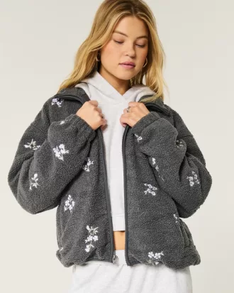 Embroidered Sherpa Fleece Jacket,Embroidered Sherpa Fleece Jacket