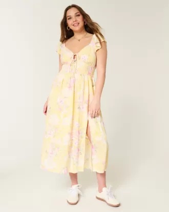 Flutter Sleeve Double-Tie Midi Dress,Flutter Sleeve Double-Tie Midi Dress