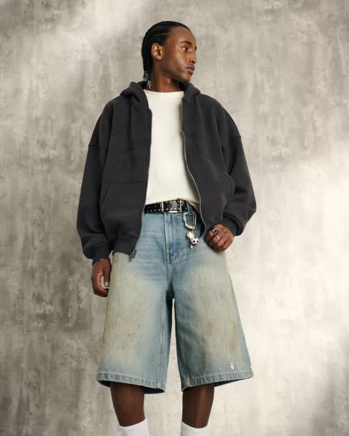 Greased Medium Wash Super Baggy Denim Shorts,Greased Medium Wash Super Baggy Denim Shorts