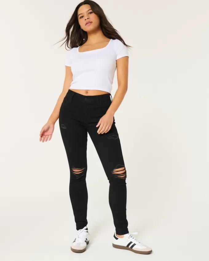 High-Rise Ripped Black Super Skinny Jeans,High-Rise Ripped Black Super Skinny Jeans