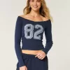 Lace Trim Off-the-Shoulder Number Graphic Tee,Lace Trim Off-the-Shoulder Number Graphic Tee