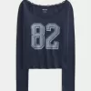 Lace Trim Off-the-Shoulder Number Graphic Tee,Lace Trim Off-the-Shoulder Number Graphic Tee