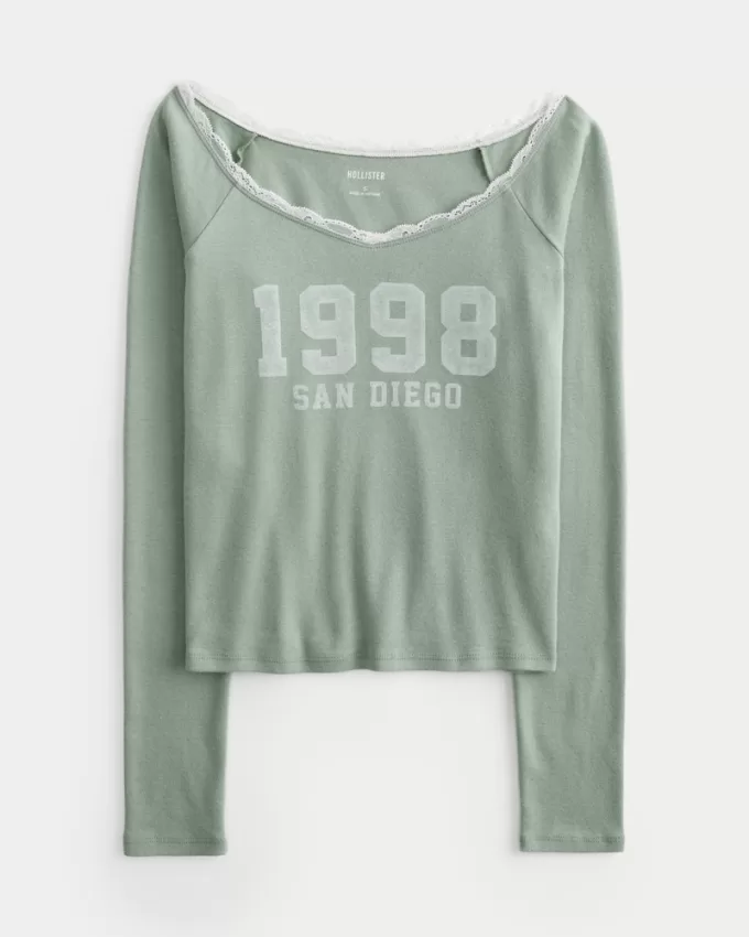 Lace Trim Off-the-Shoulder San Diego Graphic Tee,Lace Trim Off-the-Shoulder San Diego Graphic Tee Lace Trim Off-the-Shoulder San Diego Graphic Tee,Lace Trim Off-the-Shoulder San Diego Graphic Tee