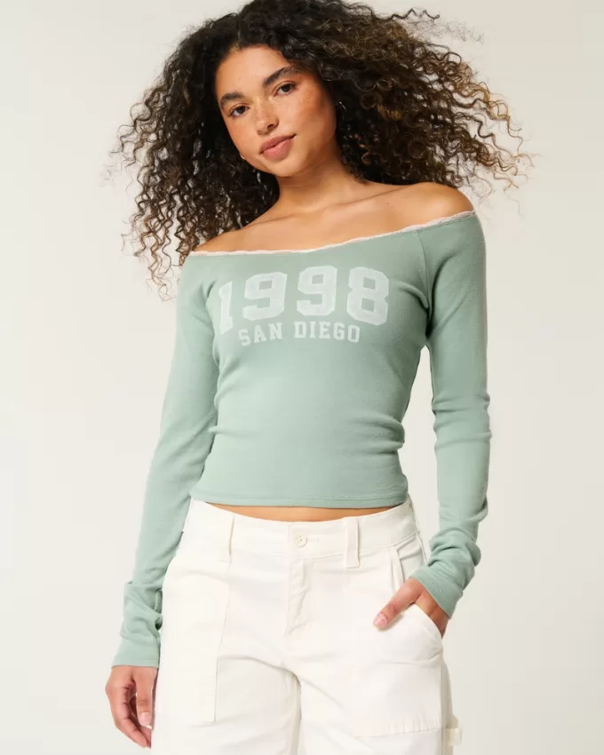 Lace Trim Off-the-Shoulder San Diego Graphic Tee,Lace Trim Off-the-Shoulder San Diego Graphic Tee Lace Trim Off-the-Shoulder San Diego Graphic Tee,Lace Trim Off-the-Shoulder San Diego Graphic Tee