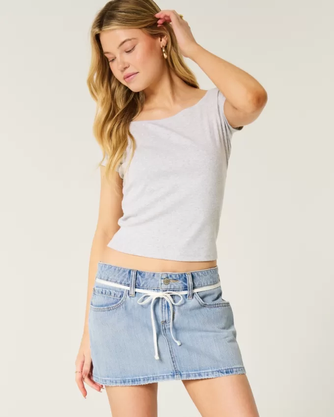 Light Wash Shoelace Denim Mini Skort,Light Wash Shoelace Denim Mini Skort
