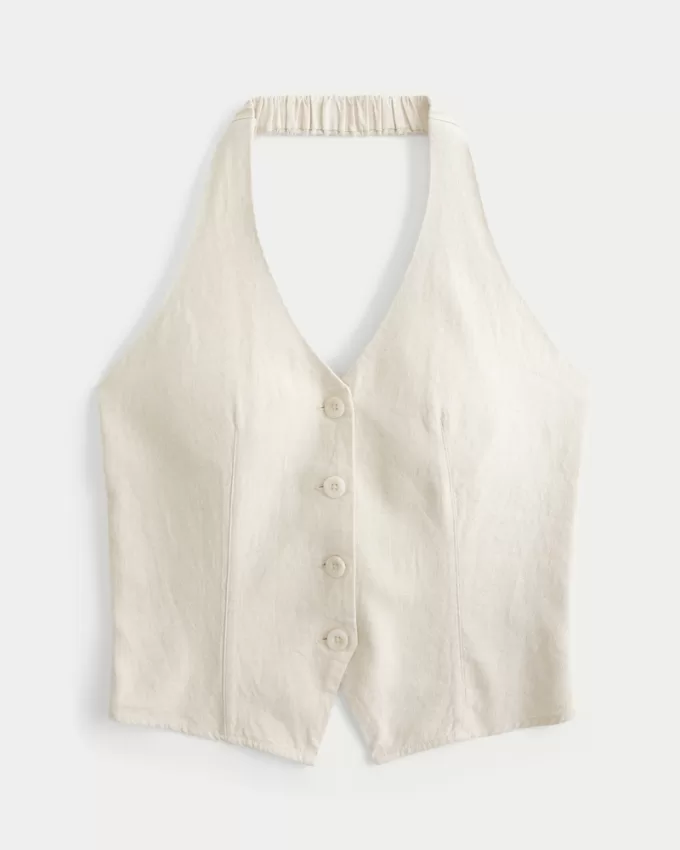 Linen-Blend Halter Vest,Linen-Blend Halter Vest