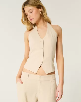 Linen-Blend Halter Vest,Linen-Blend Halter Vest