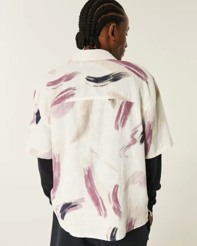 Linen-Blend Short-Sleeve Pattern Shirt,Linen-Blend Short-Sleeve Pattern Shirt