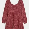 Long-Sleeve Cinch Bust Mini Dress,Long-Sleeve Cinch Bust Mini Dress