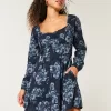 Long-Sleeve Cinch Bust Mini Dress,Long-Sleeve Cinch Bust Mini Dress
