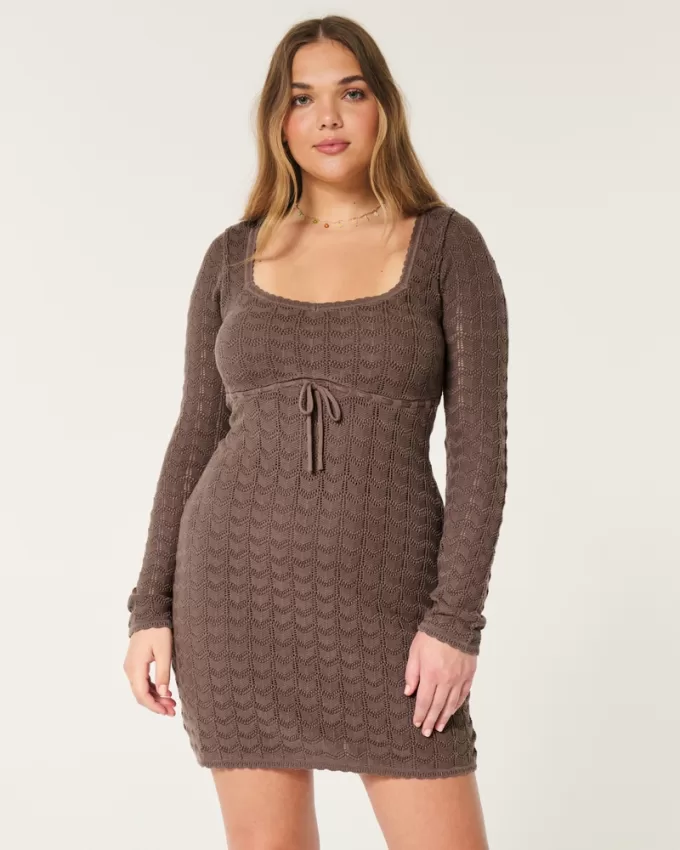 Long-Sleeve Crochet-Style Mini Dress,Long-Sleeve Crochet-Style Mini Dress