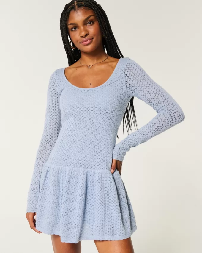 Long-Sleeve Crochet-Style Mini Skater Dress,Long-Sleeve Crochet-Style Mini Skater Dress Long-Sleeve Crochet-Style Mini Skater Dress,Long-Sleeve Crochet-Style Mini Skater Dress