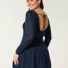 Long-Sleeve Drop-Waist Crochet-Style Mini Skater Dress,Long-Sleeve Drop-Waist Crochet-Style Mini Skater Dress