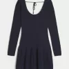 Long-Sleeve Drop-Waist Crochet-Style Mini Skater Dress,Long-Sleeve Drop-Waist Crochet-Style Mini Skater Dress