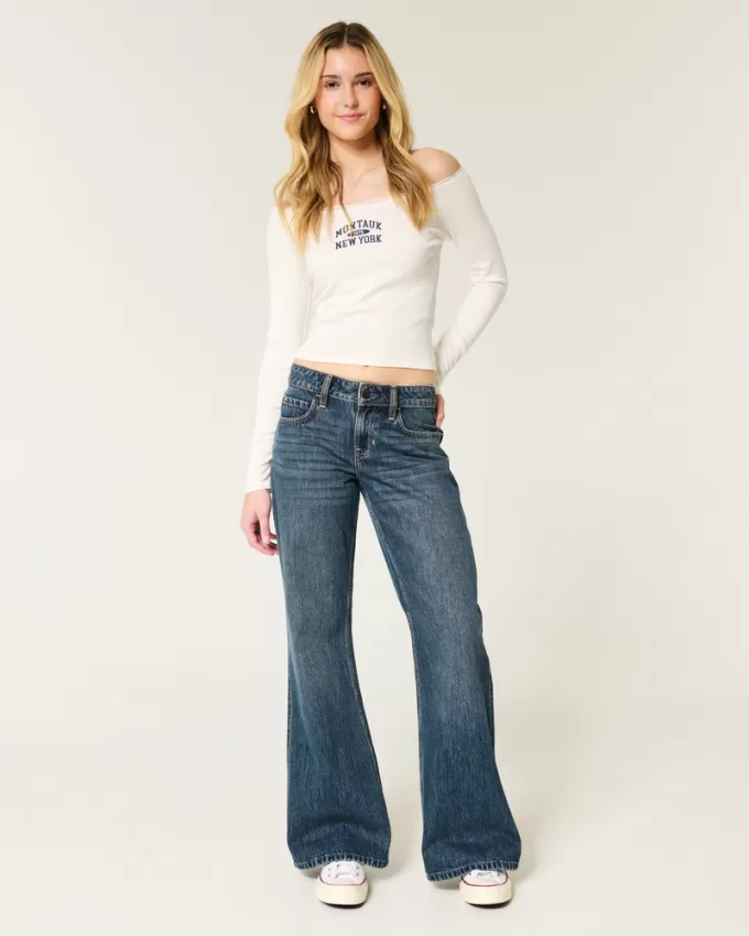 Low-Rise Dark Wash Baggy Flare Jeans,Low-Rise Dark Wash Baggy Flare Jeans