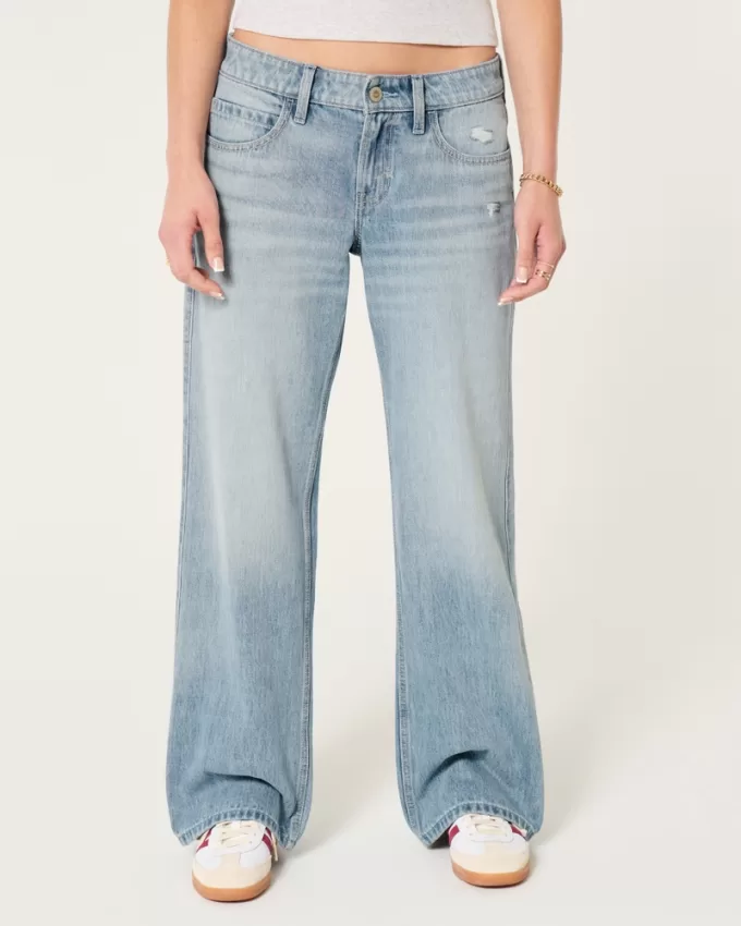 Low-Rise Distressed Medium Wash Baggy Jeans,Low-Rise Distressed Medium Wash Baggy Jeans