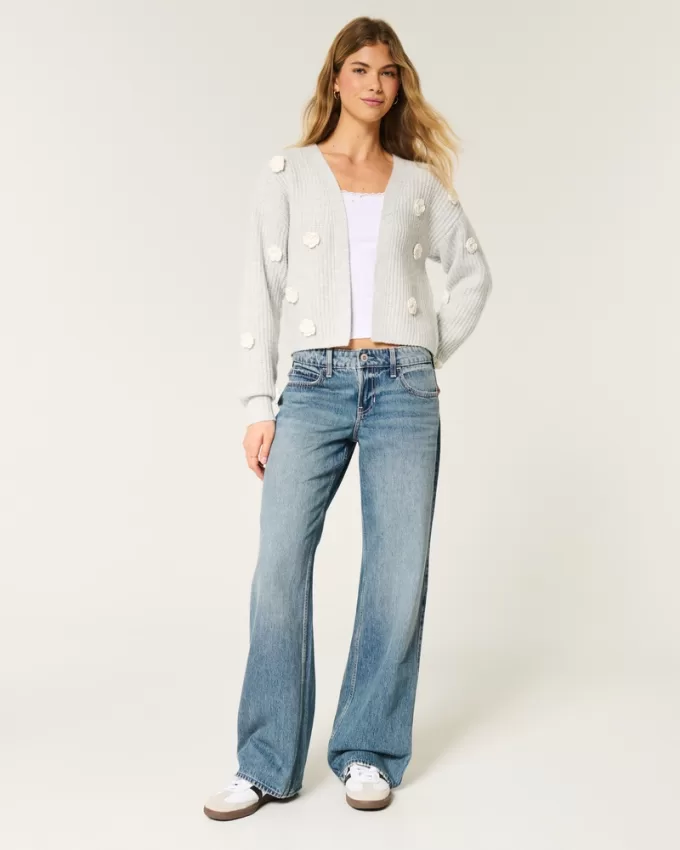 Low-Rise Floral Embroidered Medium Wash Baggy Jeans,Low-Rise Floral Embroidered Medium Wash Baggy Jeans