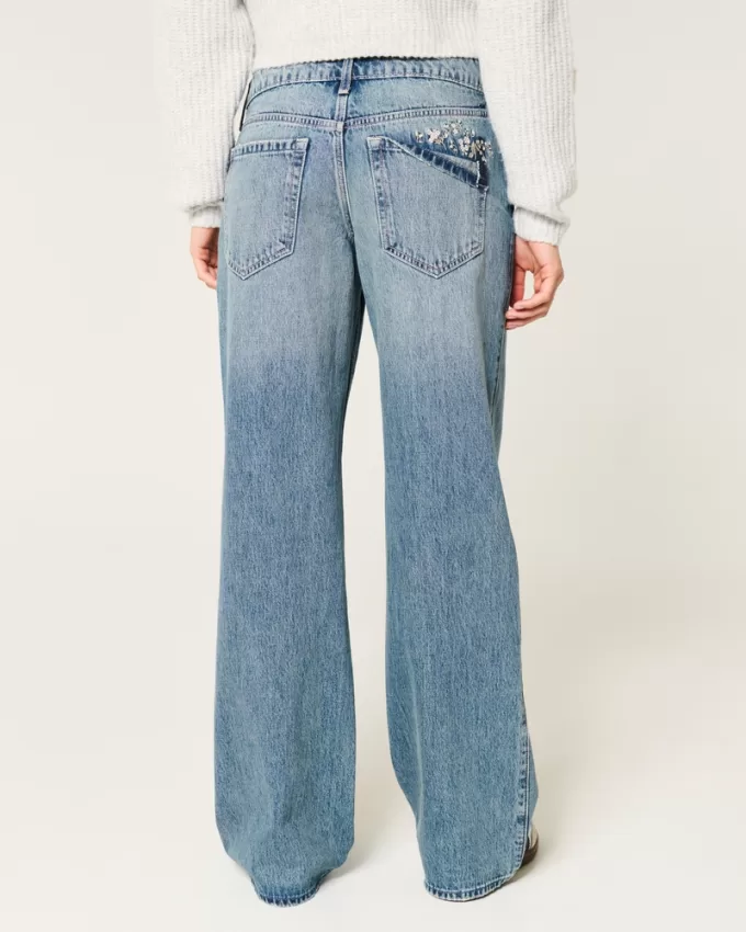 Low-Rise Floral Embroidered Medium Wash Baggy Jeans,Low-Rise Floral Embroidered Medium Wash Baggy Jeans