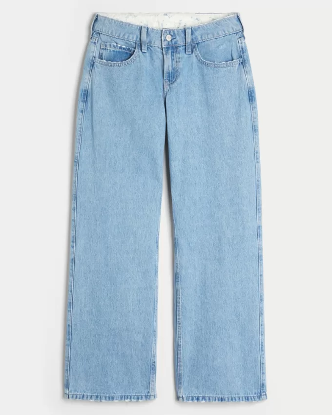 Low-Rise Light Wash Foldover Waist Baggy Jeans,Low-Rise Light Wash Foldover Waist Baggy Jeans