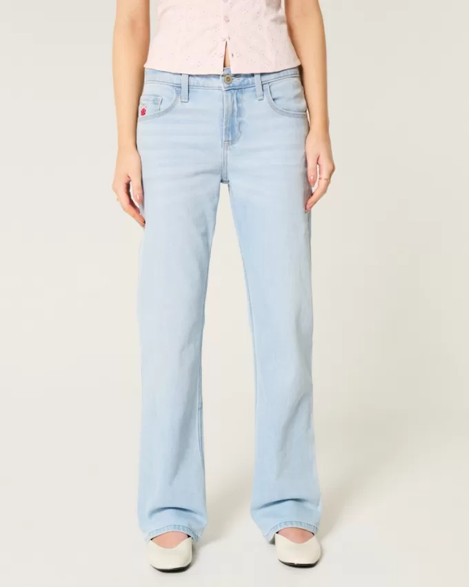 Low-Rise Light Wash Strawberry Graphic Relaxed Straight Jeans,Low-Rise Light Wash Strawberry Graphic Relaxed Straight Jeans
