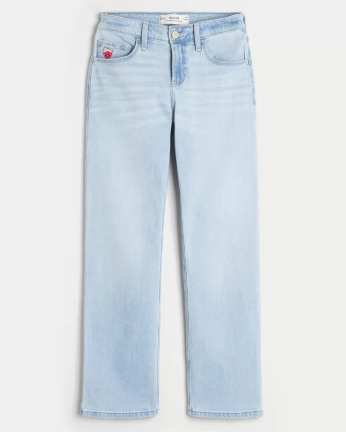 Low-Rise Light Wash Strawberry Graphic Relaxed Straight Jeans,Low-Rise Light Wash Strawberry Graphic Relaxed Straight Jeans