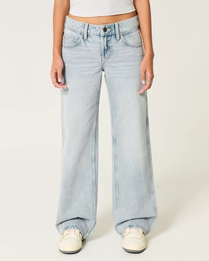 Low-Rise Light Wash Studded Baggy Jeans,Low-Rise Light Wash Studded Baggy Jeans