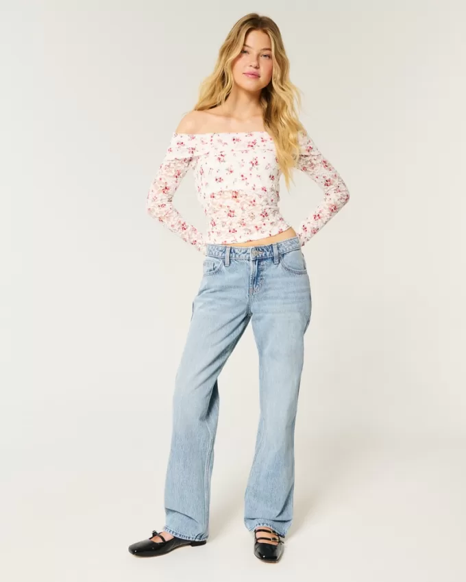 Low-Rise Medium Wash Eyelet Bow Loose Jeans,Low-Rise Medium Wash Eyelet Bow Loose Jeans