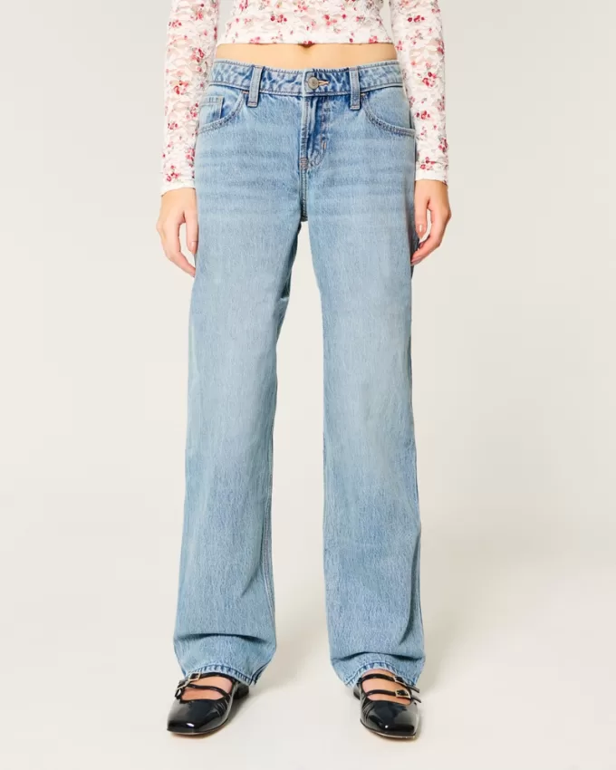 Low-Rise Medium Wash Eyelet Bow Loose Jeans,Low-Rise Medium Wash Eyelet Bow Loose Jeans
