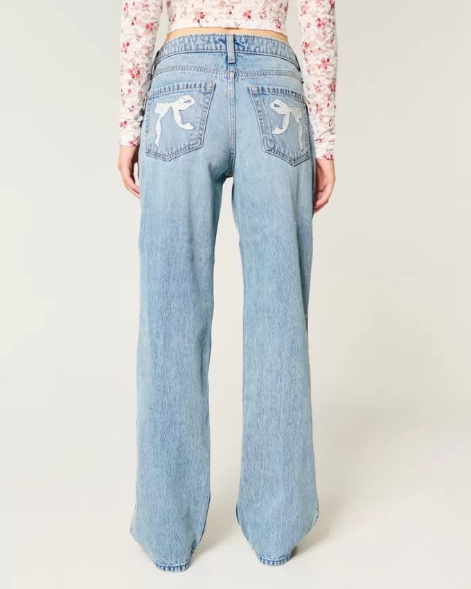 Low-Rise Medium Wash Eyelet Bow Loose Jeans,Low-Rise Medium Wash Eyelet Bow Loose Jeans