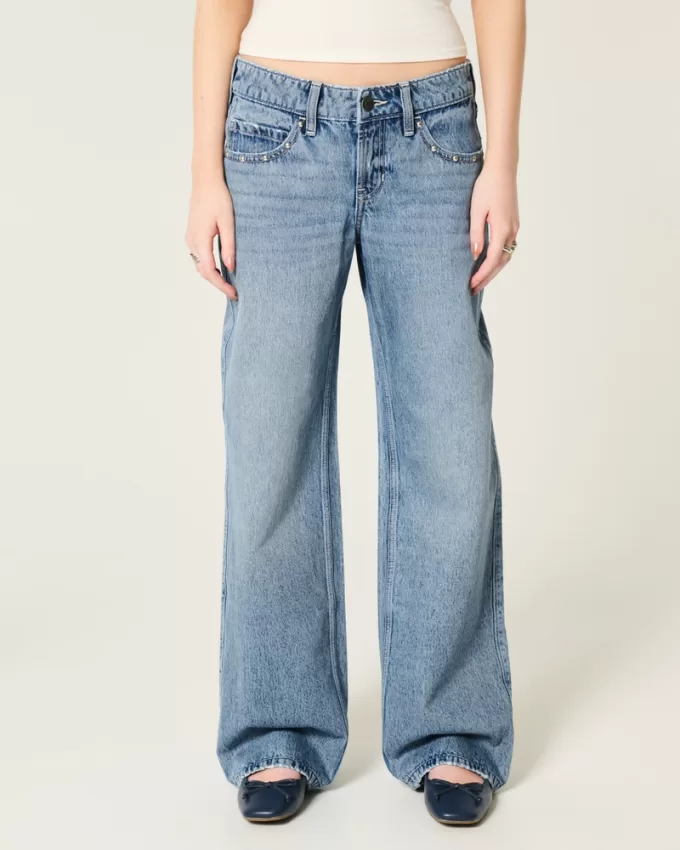 Low-Rise Medium Wash Studded Baggy Jeans,Low-Rise Medium Wash Studded Baggy Jeans