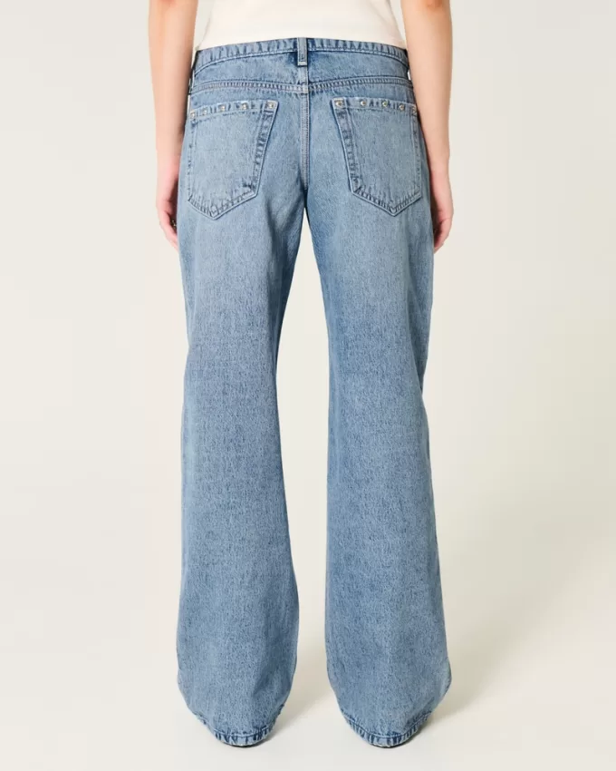 Low-Rise Medium Wash Studded Baggy Jeans,Low-Rise Medium Wash Studded Baggy Jeans