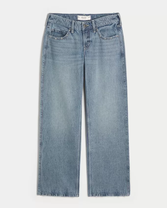 Low-Rise Medium Wash Studded Baggy Jeans,Low-Rise Medium Wash Studded Baggy Jeans