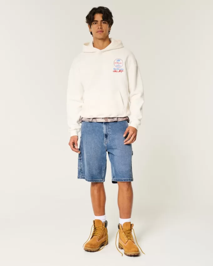 Medium Wash Baggy Painter Jean Shorts,Medium Wash Baggy Painter Jean Shorts