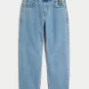 Medium Wash Embroidered Graphic Baggy Skater Jeans,Medium Wash Embroidered Graphic Baggy Skater Jeans