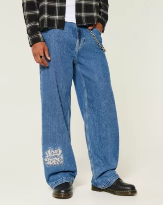 Medium Wash NYC Graphic Super Baggy Jeans,Medium Wash NYC Graphic Super Baggy Jeans