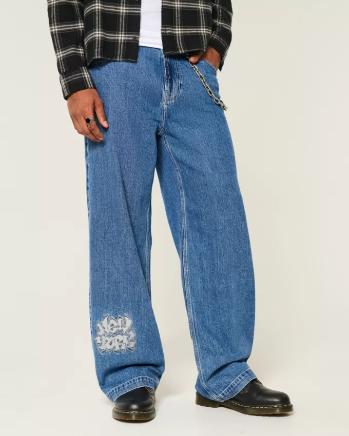 Medium Wash NYC Graphic Super Baggy Jeans,Medium Wash NYC Graphic Super Baggy Jeans
